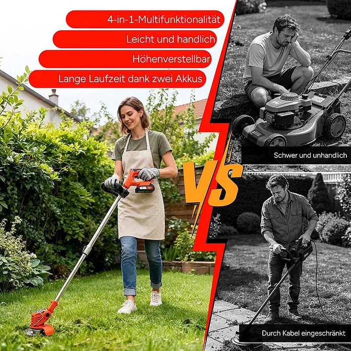 OUTIGO Akku-Rasentrimmer - 1,5 Ah, Li-Ionen, 2 Akkus, Schnittbreite Messer: 23 cm, Schnittbreite Faden: 23 cm - Eine Frau bedient mühelos einen orange-schwarzen Akku-Rasentrimmer im Garten, im Kontrast zu Männern mit schweren, kabelgebundenen Geräten.