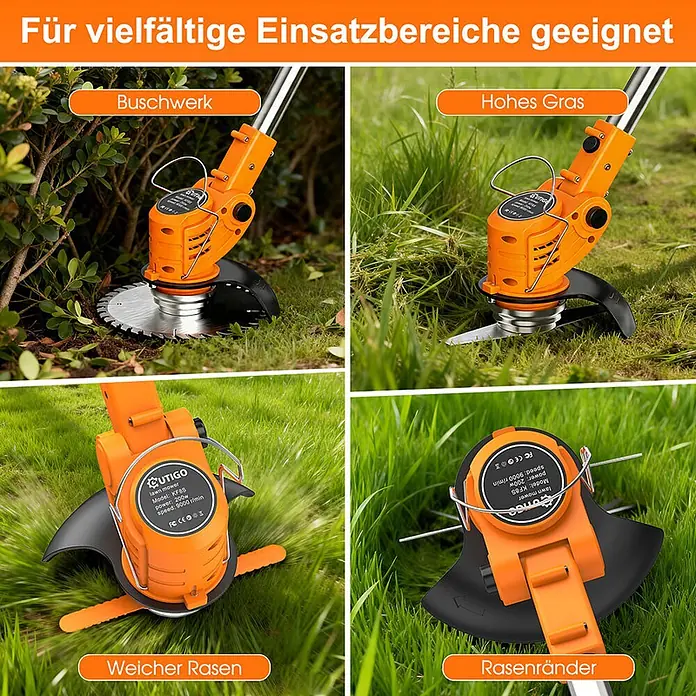 OUTIGO Akku-Rasentrimmer - 1,5 Ah, Li-Ionen, 2 Akkus, Schnittbreite Messer: 23 cm, Schnittbreite Faden: 23 cm - Ein orangefarbener elektrischer Rasentrimmer mit austauschbaren Schneidaufsätzen (Metallklinge, Kunststoff, Faden) für Buschwerk, hohes Gras und Rasenkanten.