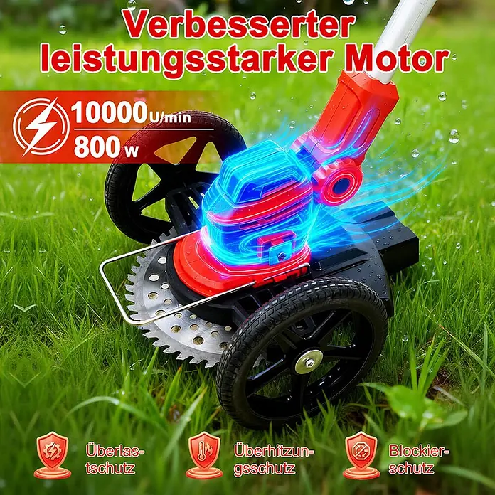 OUTIGO Akku-Rasentrimmer - 4 Ah, Li-Ionen, 2 Akkus, Schnittbreite Messer: 23 cm, Schnittbreite Faden: 23 cm - Roter und schwarzer Elektrorasentrimmer mit Rädern, starkem Motor (800W, 10000 U/min) und Überlast-, Überhitzungs- sowie Blockierschutz.