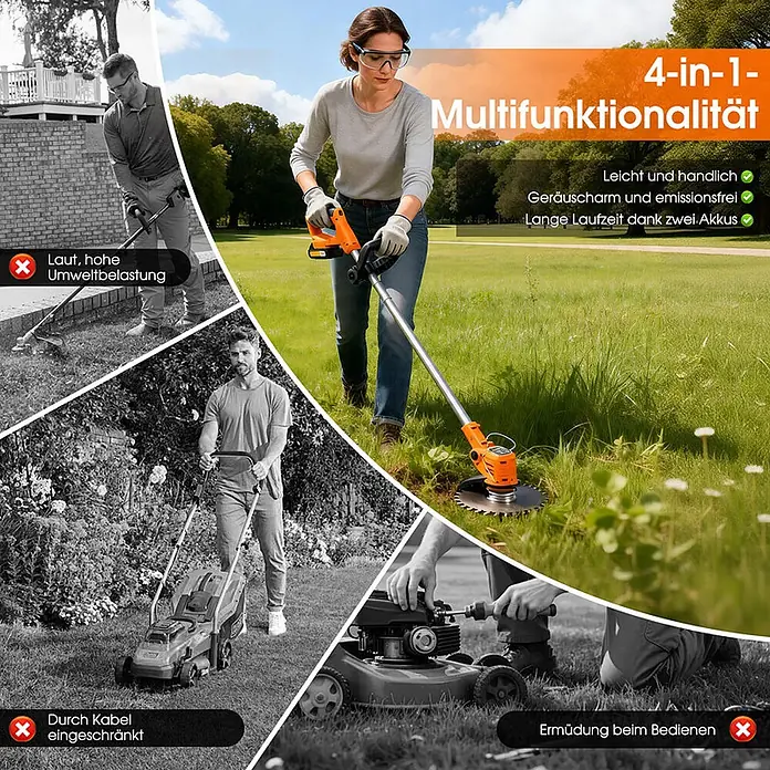 OUTIGO Akku-Rasentrimmer - 1,5 Ah, Li-Ionen, 2 Akkus, Schnittbreite Messer: 23 cm, Schnittbreite Faden: 23 cm - Eine Frau nutzt einen orange-grauen Akku-Rasentrimmer/Freischneider mit Sägeblattaufsatz in einem Feld.