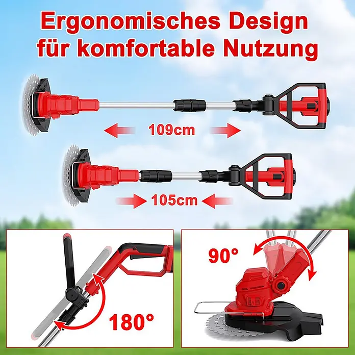 OUTIGO Akku-Rasentrimmer - 4 Ah, Li-Ionen, 2 Akkus, Schnittbreite Messer: 23 cm, Schnittbreite Faden: 23 cm - Roter und silberner Elektro-Rasentrimmer, verstellbar (105-109cm), mit 180° Griff- und 90° Kopfrotation für ergonomische Nutzung.