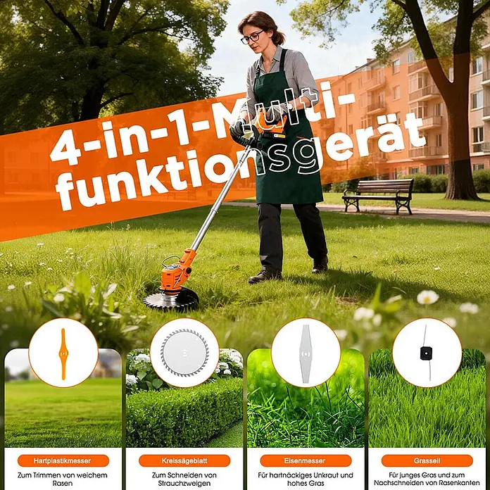 OUTIGO Akku-Rasentrimmer - 1,5 Ah, Li-Ionen, 2 Akkus, Schnittbreite Messer: 23 cm, Schnittbreite Faden: 23 cm - Frau nutzt ein orange-silbernes 4-in-1 Multifunktions-Gartengerät mit austauschbaren Aufsätzen zum Trimmen, Heckenschneiden und Unkrautentfernen im Park.