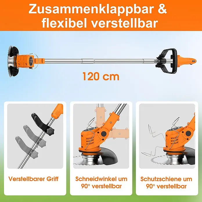 OUTIGO Akku-Rasentrimmer - 1,5 Ah, Li-Ionen, 2 Akkus, Schnittbreite Messer: 23 cm, Schnittbreite Faden: 23 cm - Oranger und silberner elektrischer Rasentrimmer, 120 cm lang, mit verstellbarem Griff, um 90° drehbarem Schneidkopf und Schutzschiene.