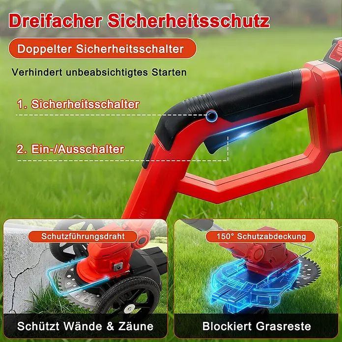 OUTIGO Akku-Rasentrimmer - 4 Ah, Li-Ionen, 2 Akkus, Schnittbreite Messer: 23 cm, Schnittbreite Faden: 23 cm - Roter und schwarzer Rasentrimmer mit doppeltem Sicherheitsschalter, Schutzführungsdraht und 150° Schutzabdeckung.