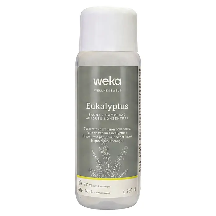 Weka Saunaduft - Duft: Eukalyptus, 250 ml - weka Eukalyptus Sauna-Konzentrat in transparenter Plastikflasche mit hellgrauem Etikett und weißem Verschluss, 250 ml.