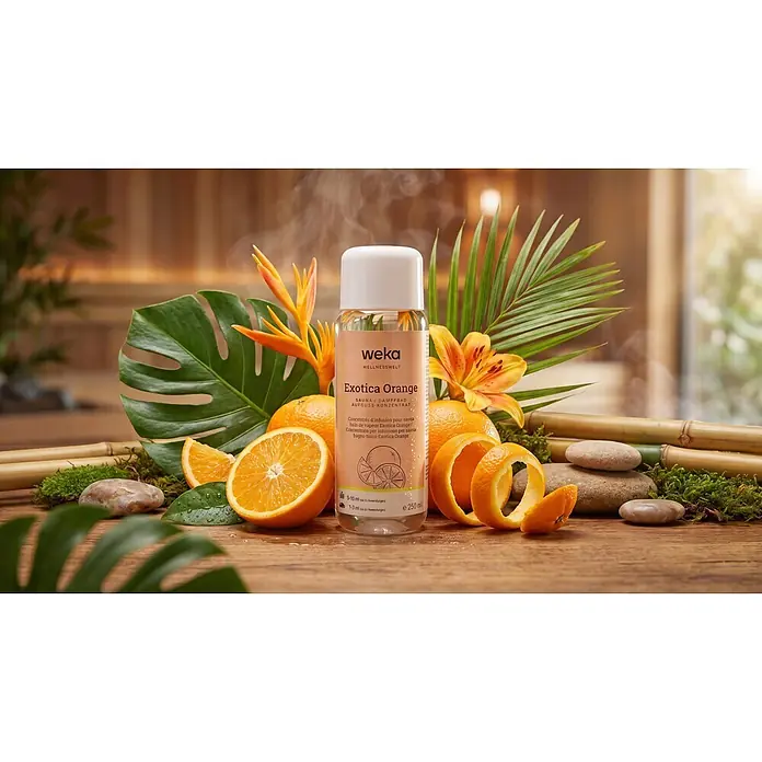 Weka Saunaduft - Duft: Exotica Orange, 250 ml - Weka Exotica Orange Sauna-Konzentratflasche umgeben von frischen Orangen, tropischen Blättern, Blumen und Dampf, was ein erfrischendes Aroma suggeriert.