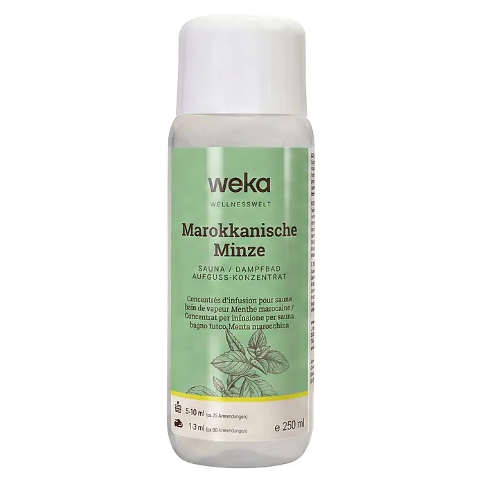 Weka Saunaduft - Duft: Marokkanische Minze, 250 ml - Durchsichtige Flasche weka Marokkanische Minze Saunaaufguss-Konzentrat (250 ml) mit weißem Verschluss und hellgrünem Etikett.