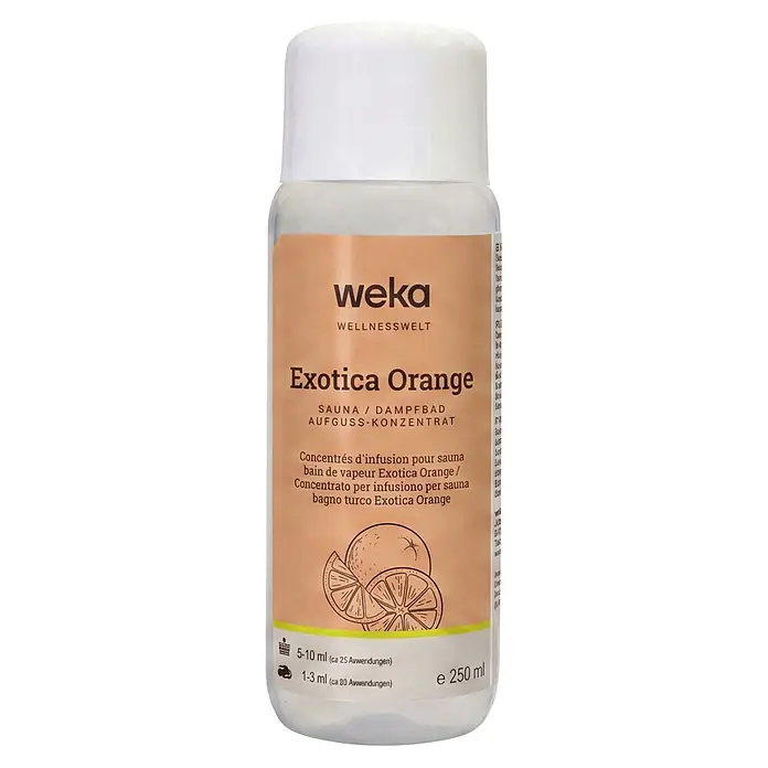 Weka Saunaduft - Duft: Exotica Orange, 250 ml - Klare Plastikflasche mit weißem Deckel und braunem Etikett weka Exotica Orange Sauna-Konzentrat, 250 ml.