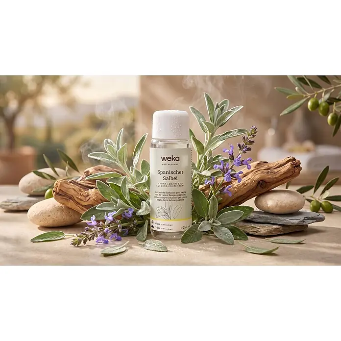 Weka Saunaduft - Duft: Spanischer Salbei, 250 ml - Klare Flasche weka Spanischer Salbei Sauna-Konzentrat in natürlicher Spa-Umgebung mit Salbei und Steinen.
