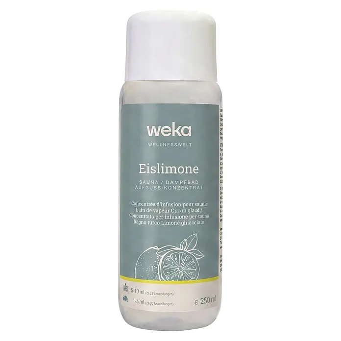 Weka Saunaduft - Duft: Eislimone, 250 ml - Klare Flasche mit grauem Etikett für Weka Wellnesswelt Eislomone Sauna-/Dampfbadkonzentrat, 250 ml.