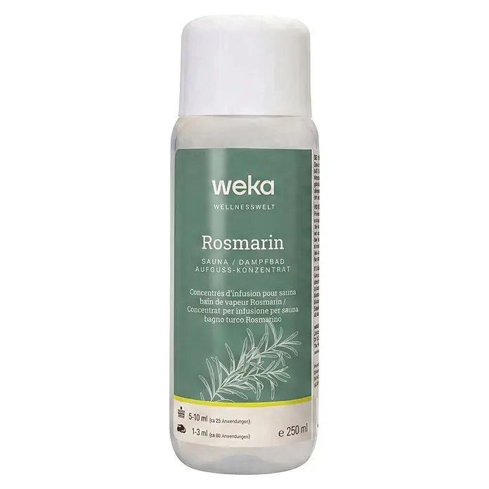 Weka Sauna- & Dampfbadduft - Duft: Rosmarin, 250 ml - Klare Weka Rosmarin Sauna-Konzentratflasche mit grünem Etikett und weißer Schrift, 250 ml.