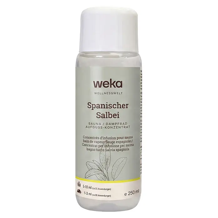Weka Saunaduft - Duft: Spanischer Salbei, 250 ml - Klare Plastikflasche mit weißem Verschluss, beschriftet 'Weka Spanischer Salbei' Sauna/Dampfbad Aufguss-Konzentrat, 250 ml. Mit Salbeiblatt-Illustration.