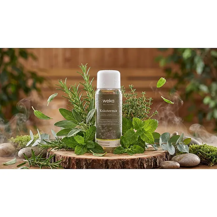 Weka Saunaduft - Duft: Kräutermix, 250 ml - Weka Kräutermix Sauna-Konzentratflasche inmitten frischer Kräuter und Dampf.