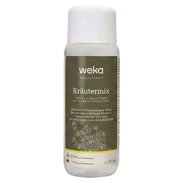 Weka Saunaduft - Duft: Kräutermix, 250 ml - Weiße Flasche Weka Kräutermix Sauna-Konzentrat mit dunkelgrünem Etikett und Kräuterillustration, 250 ml.