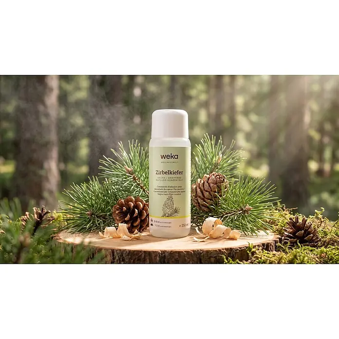 Weka Sauna- & Dampfbadduft - Duft: Kiefer, 250 ml - Weiße Weka Zirbelkiefer Sauna-Konzentrat-Flasche auf einem Holzscheit mit Kiefernadeln, Zapfen und Nebel im Waldhintergrund.