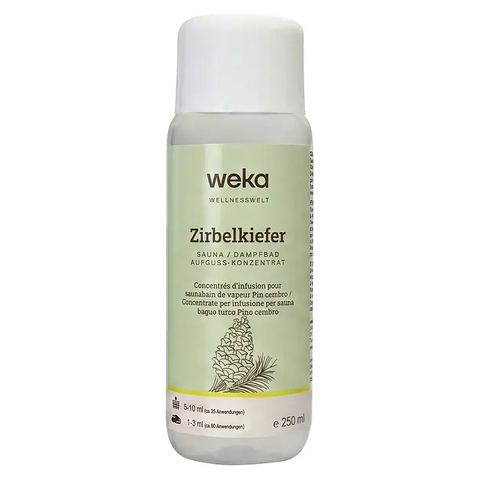 Weka Sauna- & Dampfbadduft - Duft: Kiefer, 250 ml - Weiße Weka Zirbelkiefer Sauna-Aufgusskonzentrat-Flasche, 250 ml.