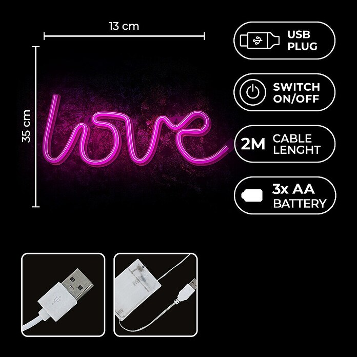 Lámpara LED decorativa Love Rosa (Rosa, Love Rosa, An x Al: 35 x 13 cm) | BAUHAUS