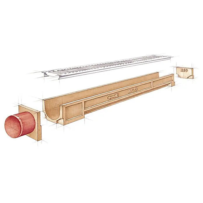 ACO Self Entwässerungsrinne Standardline - 50 x 11,8 x 9,7 cm - Schematische Darstellung eines Entwässerungssystems von ACO mit Gitterrost, Rinne und Endstücken.