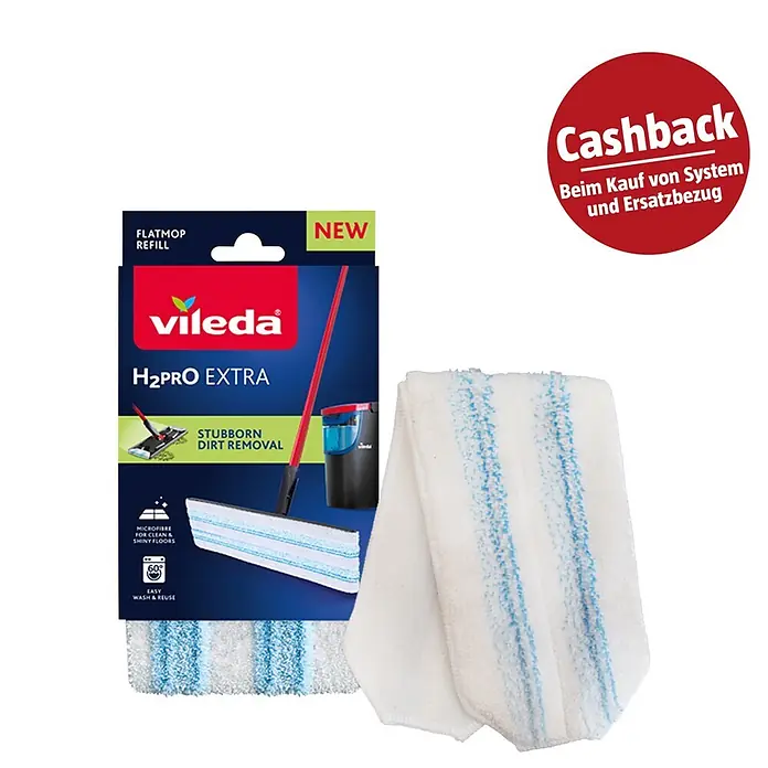 Vileda Ersatz-Bezug H2PRO Extra Flat Mop - Mikrofaser, Passend für: Vileda H2PRO Flat Mop System, Textil, Waschen: Waschen bei 60 °C - Vileda H2PRO EXTRA Flachwischer-Nachfüllpackung und weißer Moppkopf mit blauen Streifen zur Schmutzentfernung.