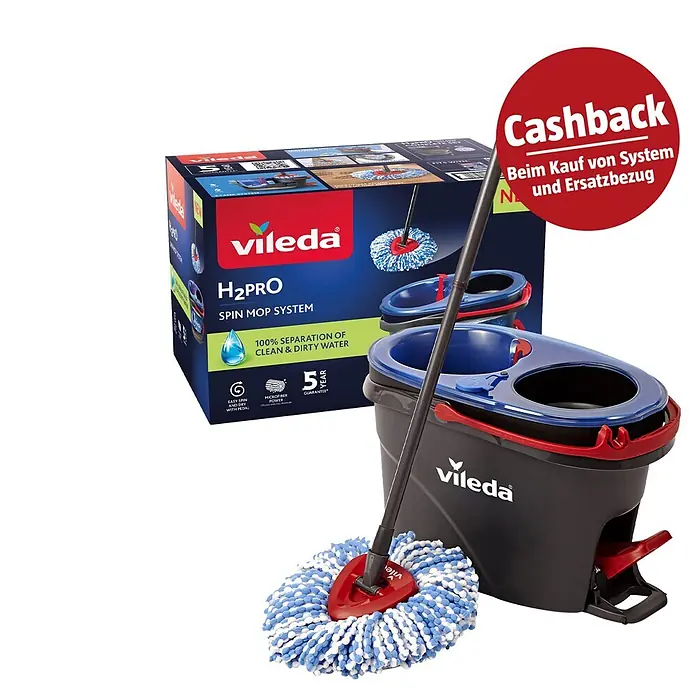 Vileda Reinigungssystem & Eimer H2PRO Spin Mop System - 3 -tlg. - Vileda H2PRO Spin Mop System: schwarzer/roter Eimer, blau/weißer Wischmopp und Verpackung mit „Cashback“-Angebot.
