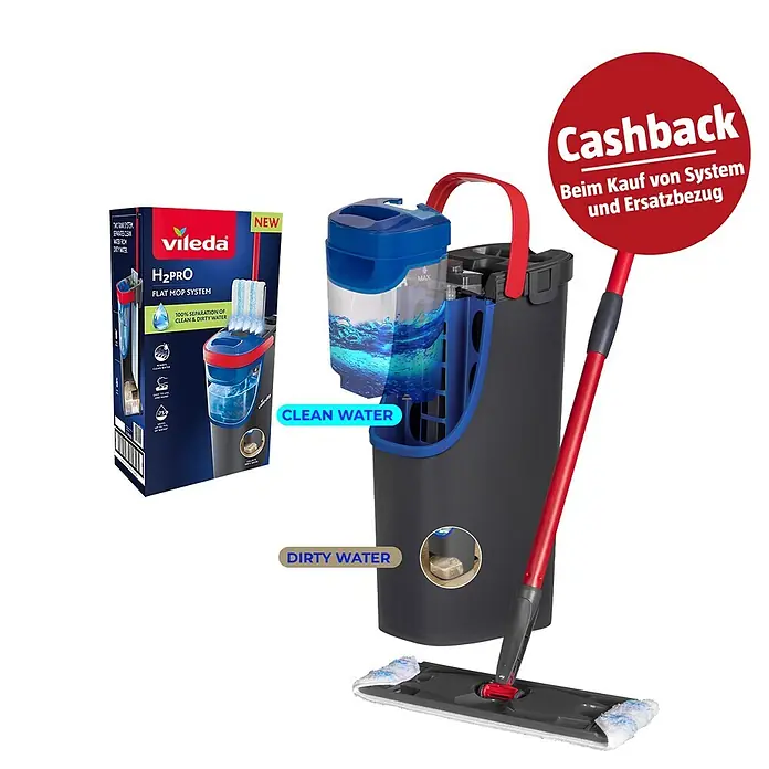 Vileda Reinigungssystem & Eimer H2PRO Flat Mop System - 1 x Flachwischer, 1 x Eimer mit Zweitanksystem, 1 x Wischbezug, Material: Textil, Länge Stiel: 132 cm - Vileda H2Pro Flachwischsystem: blauer/schwarzer Eimer mit Frisch-/Schmutzwassertrennung, roter Mopp, mit Cashback-Aufkleber.