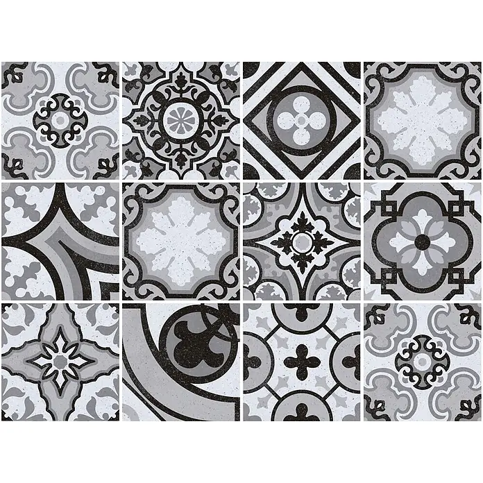 Feinsteinzeugfliese Piccolo - 20 x 20 cm, Black Mix, Matt - Monochrome Zementfliesen mit vielfältigen grauen, schwarzen und weißen Mustern.