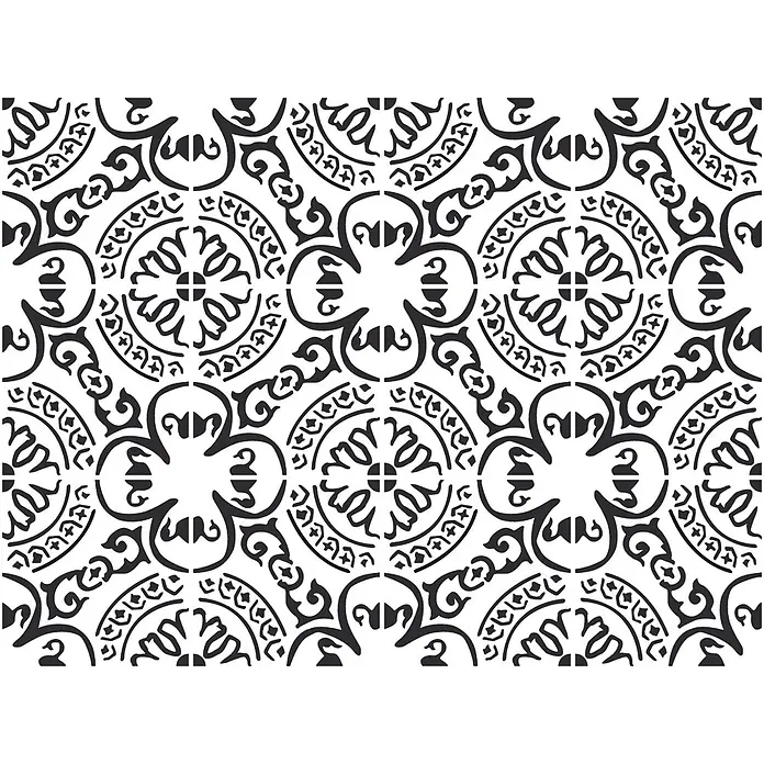 Feinsteinzeugfliese Casablanca - 20 x 20 cm, Cigno, Matt - Schwarz-weißes, komplexes nahtloses Muster mit wiederholten floralen und wirbelnden Arabeskenmotiven, ideal für Fliesen oder Schablonen.