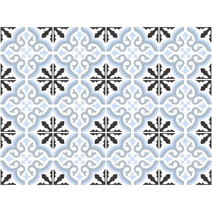 Feinsteinzeugfliese Casablanca - 20 x 20 cm, Diamond, Matt - Dekorfliese mit komplexen hellblauen, hellgrauen und schwarzen geometrischen und floralen Mustern für Wände oder Böden.