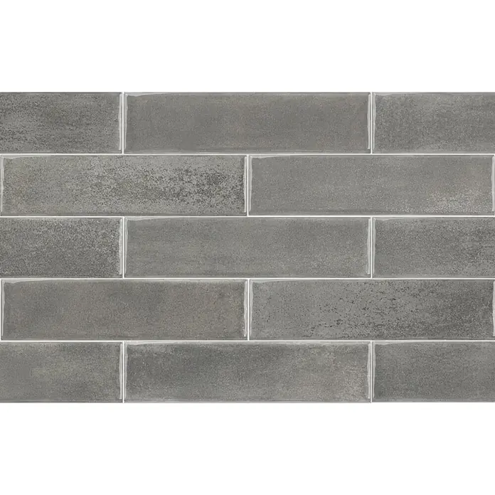Wandfliese Santorini - 7,5 x 30 cm, Grey, Glänzend - Glasierte graue rechteckige Metrofliesen mit abwechslungsreicher, texturierter Oberfläche im versetzten Verbund.
