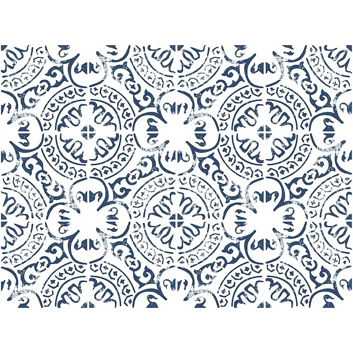 Feinsteinzeugfliese Casablanca - 20 x 20 cm, Neela, Matt - Nahtloses, verwittertes blau-weißes Mittelmeer-Fliesenmuster mit komplexen runden Blumen- und Geometriemotiven.