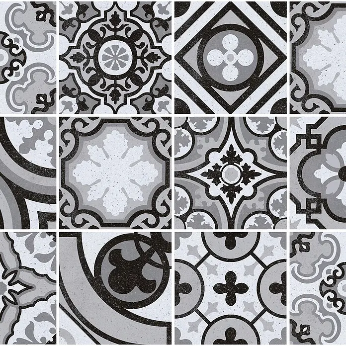 Feinsteinzeugfliese Piccolo - 20 x 20 cm, Black Mix, Matt - Monochrome Dekofliesen mit aufwendigen grauen, schwarzen und weißen geometrischen und floralen Mustern, für Boden oder Wände geeignet.