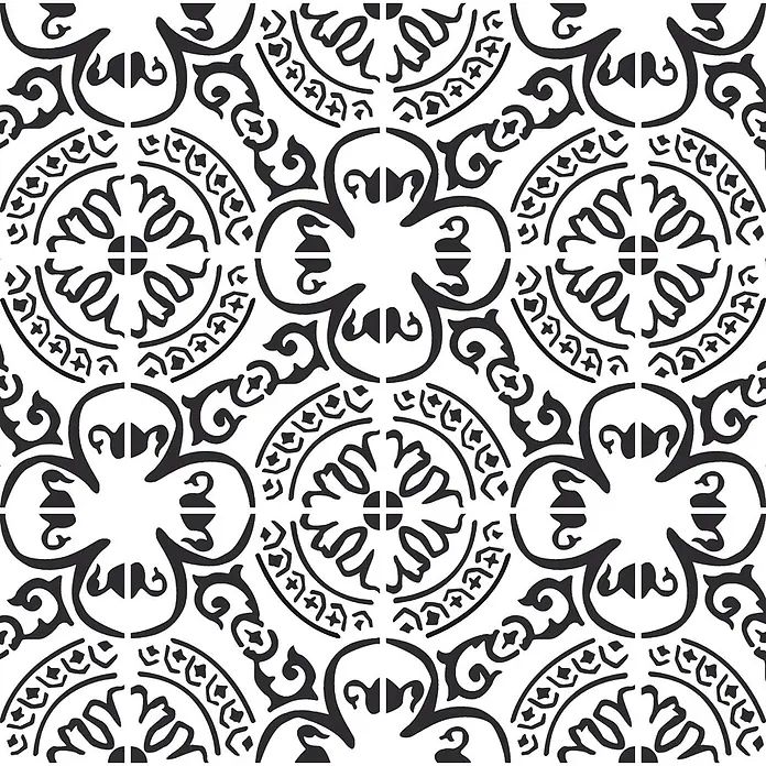 Feinsteinzeugfliese Casablanca - 20 x 20 cm, Cigno, Matt - Nahtloses schwarz-weißes geometrisches Blumenmuster.