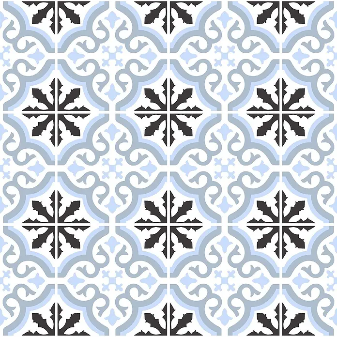 Feinsteinzeugfliese Casablanca - 20 x 20 cm, Diamond, Matt - Nahtloses Ornamentfliesenmuster in Schwarz, Hellblau und Hellgrau, ideal für dekorative Oberflächen.
