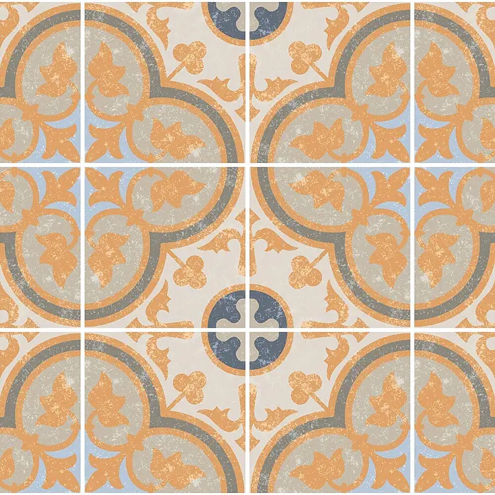 Feinsteinzeugfliese Casablanca - 20 x 20 cm, Coralle, Matt - Zementfliesen im Vintage-Stil mit einem kunstvollen orange, grau und blau floralen Muster, ideal für dekorative Böden oder Wände.
