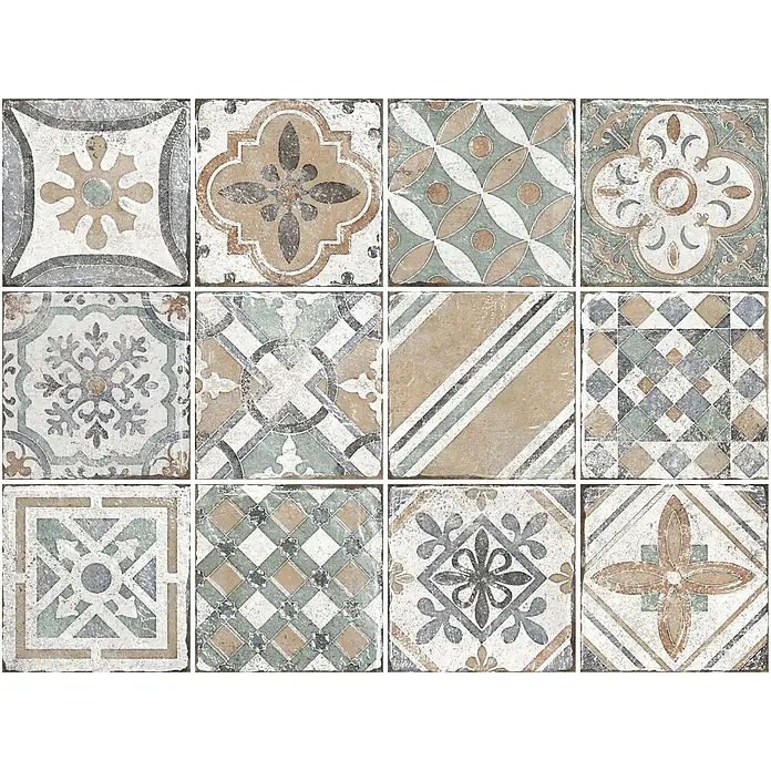 Feinsteinzeugfliese Marrakesh - 20 x 20 cm, Beige Mix, Matt - Kollektion von zwölf quadratischen Dekorfliesen mit Vintage-Mustern in erdigen, grauen und gedämpften Grüntönen.