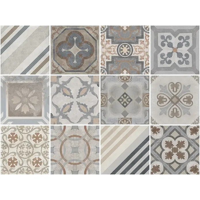 Feinsteinzeugfliese Valencia - 20 x 20 cm, Mix, Matt - Sammlung von 12 Vintage-Dekorfliesen mit verschiedenen geometrischen und floralen Mustern in gedämpften Grau-, Blau- und Brauntönen.