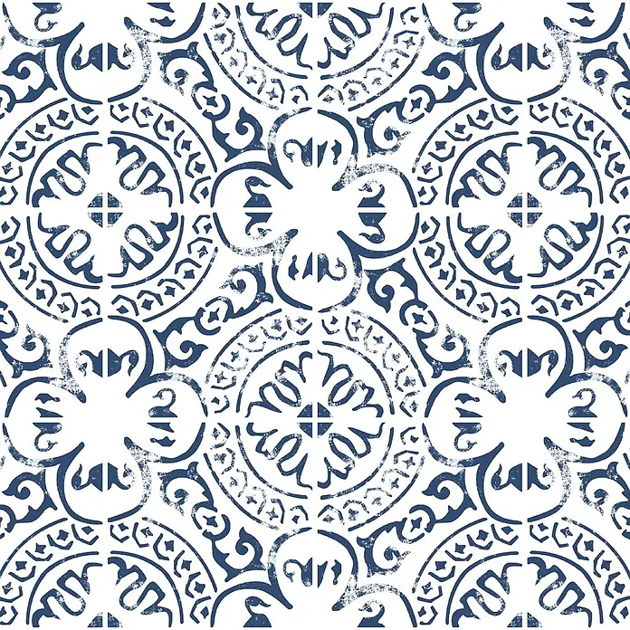 Feinsteinzeugfliese Casablanca - 20 x 20 cm, Neela, Matt - Abgenutztes, nahtloses Muster in Indigo-Blau und Weiß mit geometrischen und floralen Motiven, ähnlich mediterranen Fliesen.