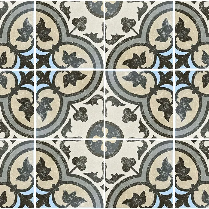 Feinsteinzeugfliese Casablanca - 20 x 20 cm, Saphir, Matt - Destressierte Musterfliesen mit floralen Ornamenten in Grau, Beige, Schwarz und Hellblau, in einem sich wiederholenden Muster angeordnet.