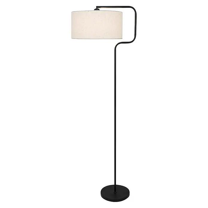 Alemar Lámpara de pie LED Olfo - 60 W, Negro, Altura: 165 cm - Lámpara de pie de metal negro con brazo curvo y pantalla de tambor de tela crema.