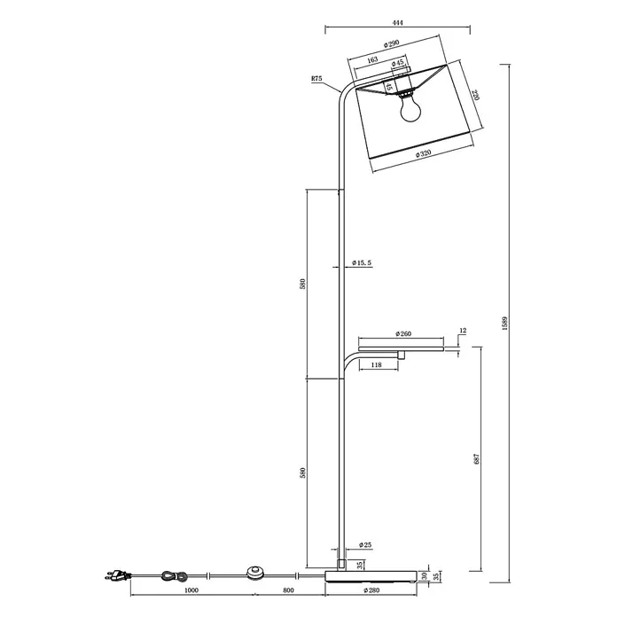 Alemar Lámpara de pie Tau - 60 W, Latón, Altura: 160 cm, Color pantalla: Beige - Dibujo técnico detallado de una lámpara de pie con pantalla cónica, pequeña balda y base redonda, con todas las dimensiones.