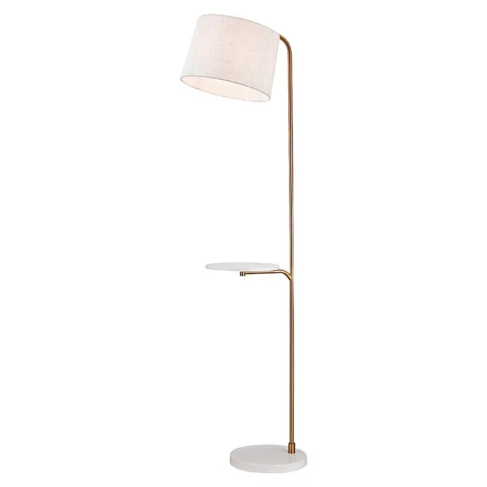Alemar Lámpara de pie Tau - 60 W, Latón, Altura: 160 cm, Color pantalla: Beige - Elegante lámpara de pie con pantalla de tela blanca, soporte color latón y base redonda blanca, con una pequeña repisa redonda práctica.