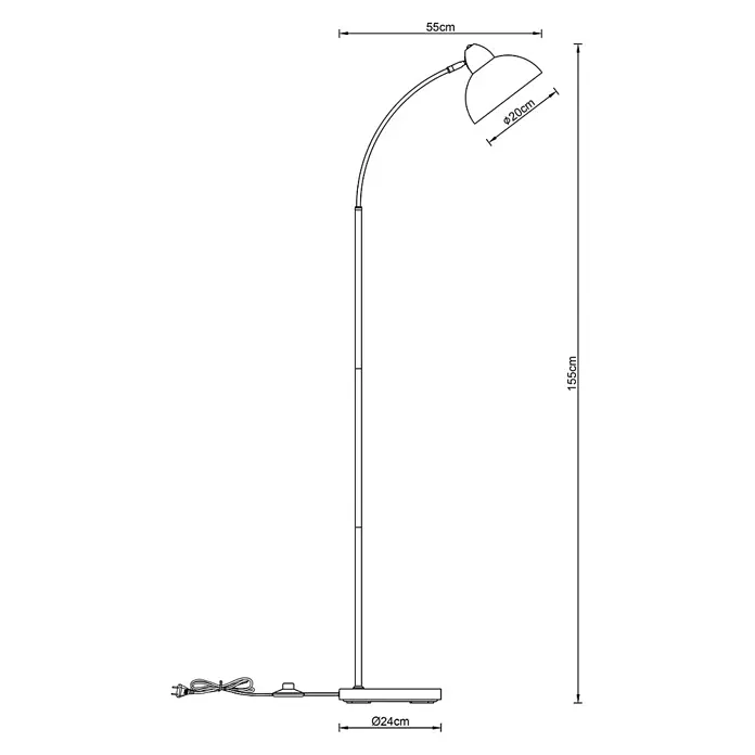 Alemar Lámpara de pie LED Niu - 60 W, Altura: 155 cm, Verde - Dibujo técnico de una lámpara de pie de 155 cm de altura, con brazo curvo (55 cm de voladizo), pantalla de 20 cm y base de 24 cm de diámetro.