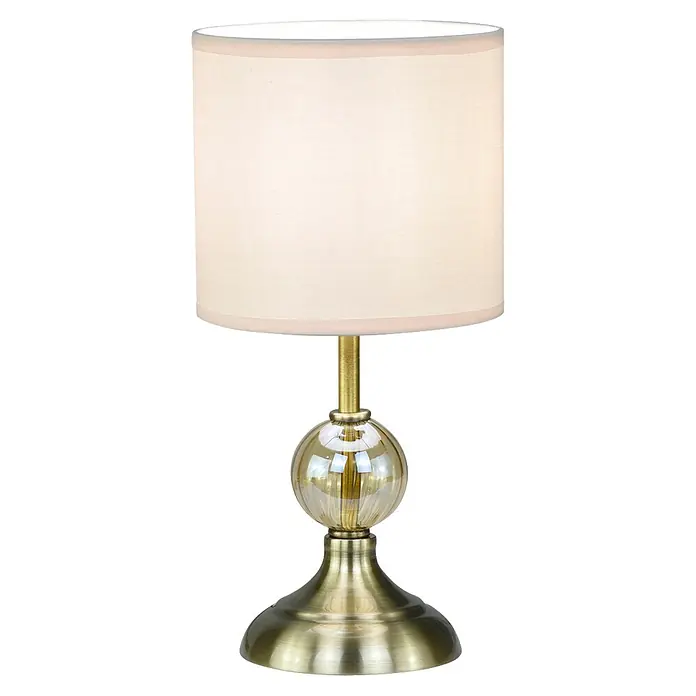 Alemar Lámpara de sobremesa Alex - 40 W, Cuero, 15 x 32 cm, Color pantalla: Beige - Lámpara de mesa de latón con pantalla de tela crema y cuerpo esférico de cristal estriado transparente.
