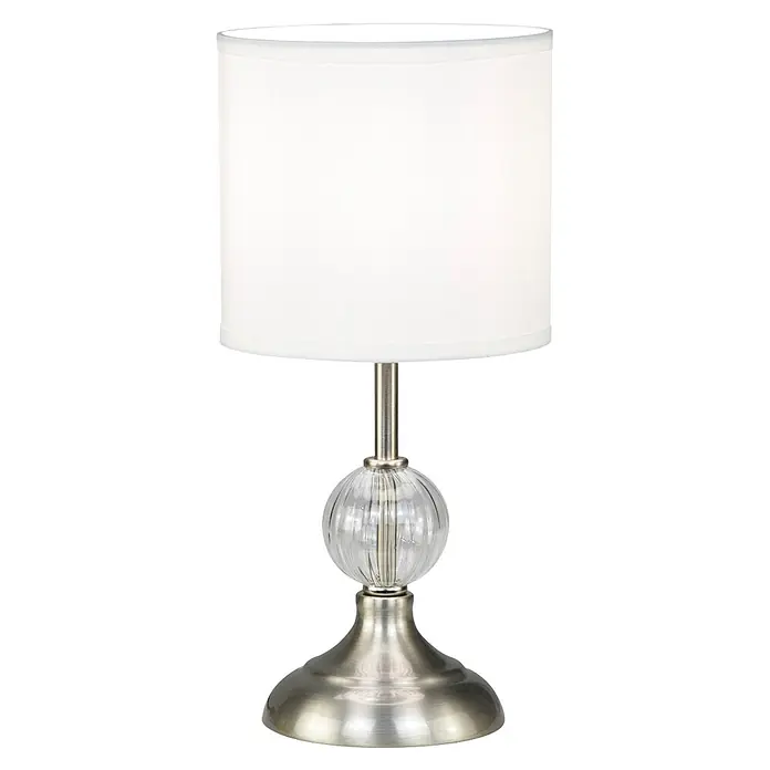 Alemar Lámpara de sobremesa Alex - 40 W, Níquel satinado, 15 x 32 cm, Color pantalla: Blanco - Lámpara de mesa de níquel cepillado con pantalla de tela blanca y un globo de cristal estriado transparente.