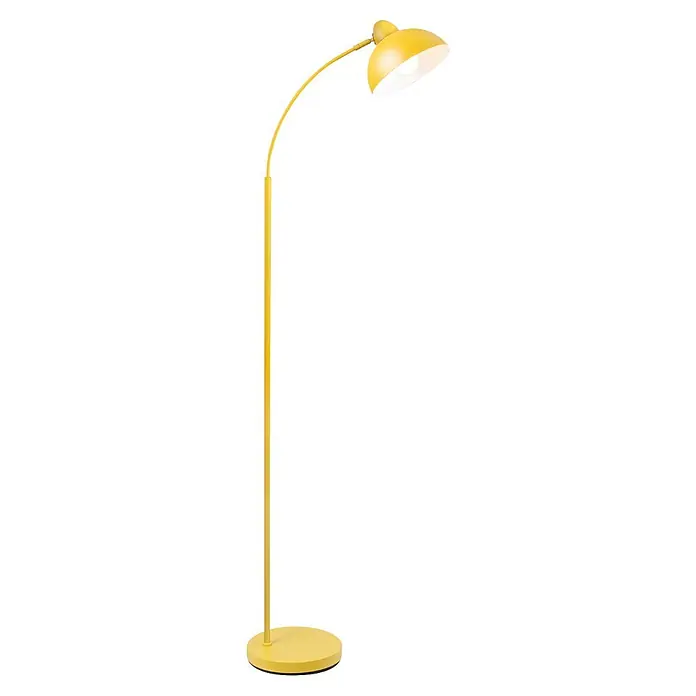 Alemar Lámpara de pie LED Niu - 60 W, Altura: 155 cm, Mostaza - Lámpara de pie arqueada amarilla brillante con base redonda y pantalla en forma de campana, emitiendo luz.
