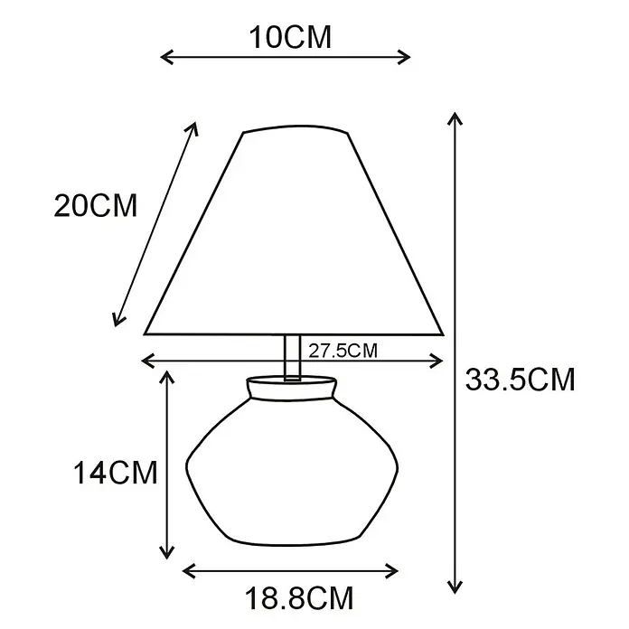 Alemar Lámpara de sobremesa Larry - 40 W, Beige, Ø x Al: 18,8 x 33,5 cm, Color pantalla: Beige - Dibujo dimensional de una lámpara de mesa con pantalla trapezoidal y base redondeada.