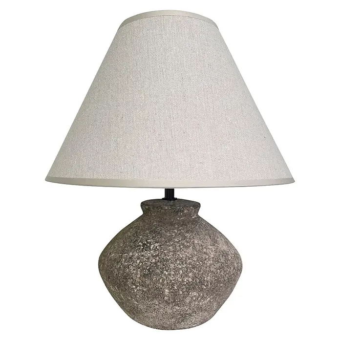 Alemar Lámpara de sobremesa Larry - 40 W, Gris, Ø x Al: 18,8 x 33,5 cm, Color pantalla: Beige - Lámpara de mesa con pantalla de tela clara y base de piedra gris texturizada.