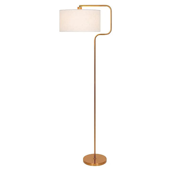 Alemar Lámpara de pie LED Olfo - 60 W, Latón, Altura: 165 cm - Lámpara de pie dorada con estructura curva, pantalla rectangular de tela blanquecina y base redonda.