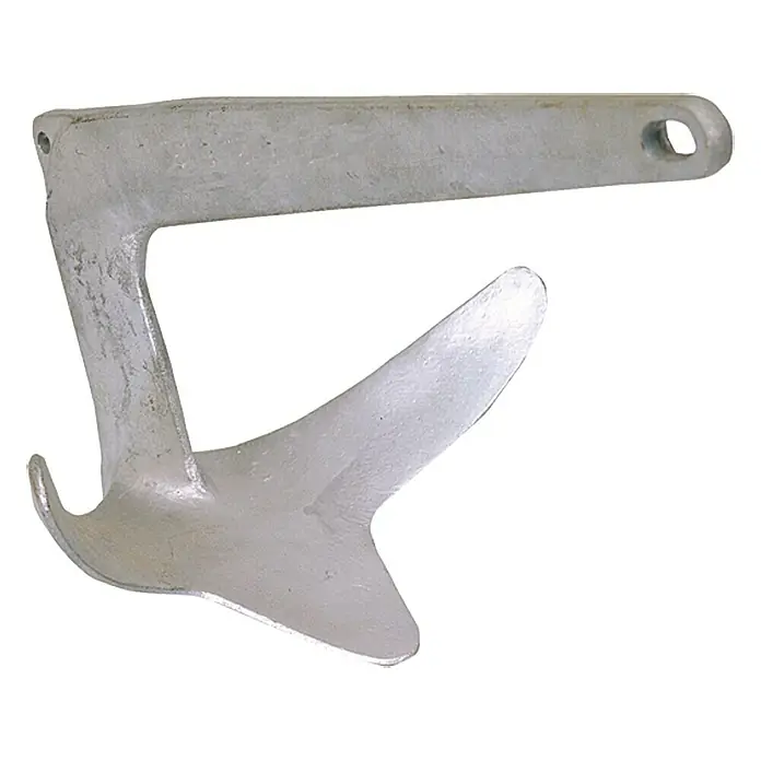 M-Anker - 5 kg, Stahl, Galvanisiert - Detailaufnahme eines silberfarbenen Klappankers für Boote. Ein robustes und zuverlässiges Zubehör für jeden Bootsbesitzer.
