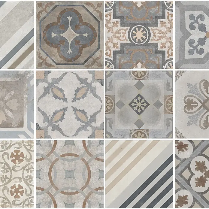 Feinsteinzeugfliese Valencia - 20 x 20 cm, Mix, Matt - Mosaikfliesen im Vintage-Look in Grau, Beige, Blau, Braun, mit verschiedenen geometrischen und floralen Mustern.